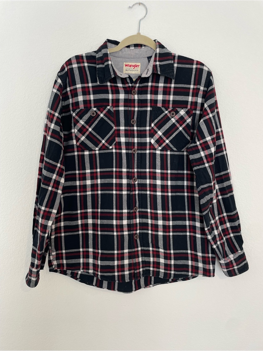 Wrangler Black, Red and White Plaid Flannel Button-Down Shirt